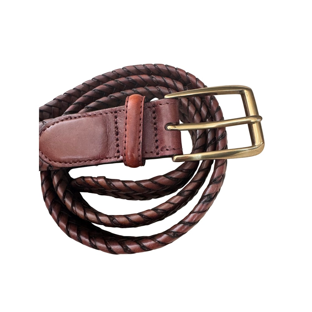 Lands End Mens 34 Brown Braided Genuine Leather Belt Brass Buckle 93432